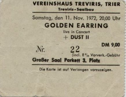 Golden Earring ticket#222 November 11, 1972 Trier (Germany) show